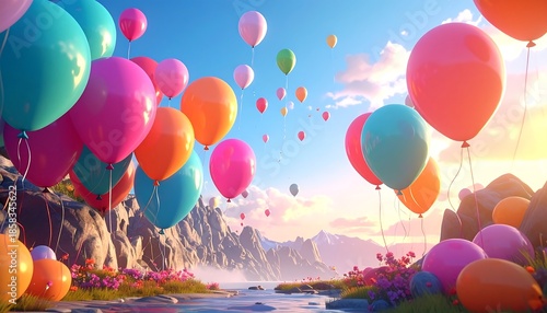 A vibrant scene with colorful balloons floating above a river, mountains, and a clear blue sky. A joyful, celebratory picture