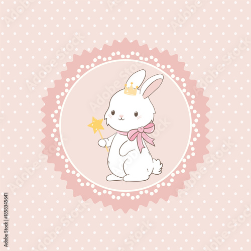 Cute white bunny with crown, holding star wand, inside a lace circle on a soft pink polka-dot illustration background