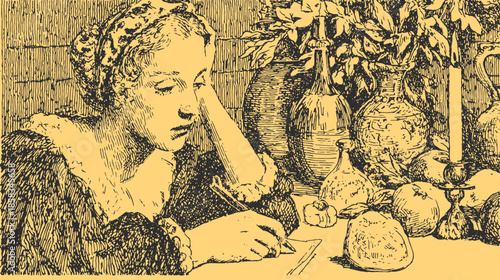 A woman drawing in a vintage illustration. Still life with flowers, a candle, and various objects on a table in black and white vector art.
