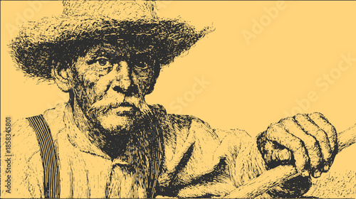 Old man portrait vector illustration in vintage style. Stylized drawing features a mature character wearing a hat and holding a stick, showcasing classic rural culture.