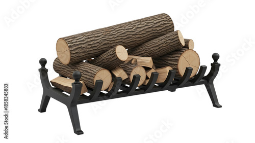 Stacked logs in black metal fireplace grate on black background firewood wood