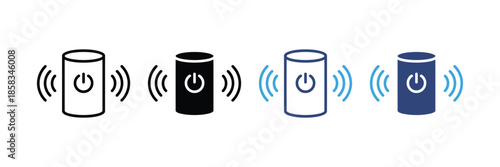 Smart speaker icons with power and sound wave symbols isolated on white background, Vector illustration