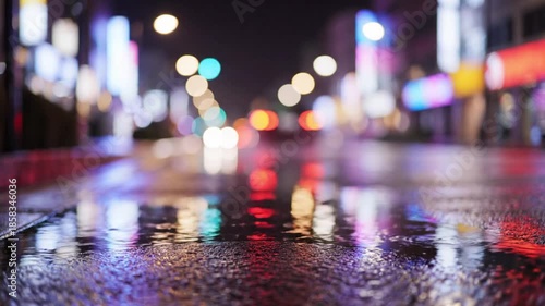 Blurry nighttime city street with wet pavement reflecting colorful lights and signs, bokeh effect in the background.
