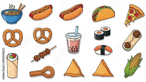 Collection of delicious fast food and snacks illustration.