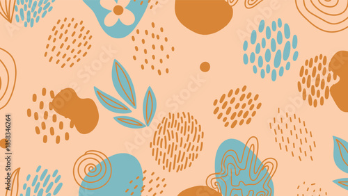 Abstract pattern with blue and brown shapes on peach background leaves flowers