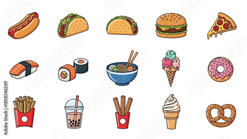 Collection of delicious fast food and sweet treats illustrations.
