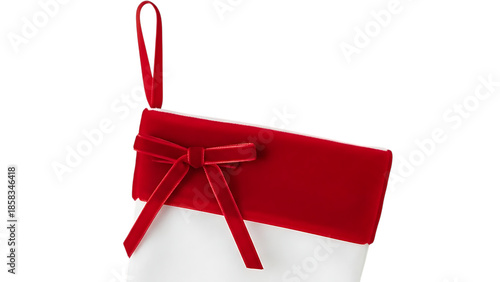 White Christmas stocking with red velvet cuff and ribbon bow white stocking red ribbon bow