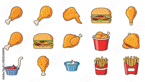 Collection of delicious fried chicken and burger illustrations.