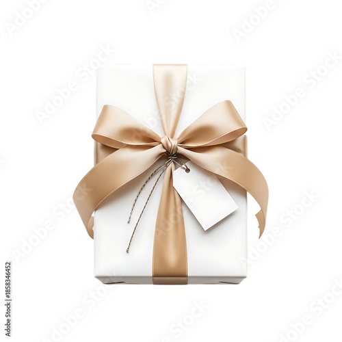 White gift box with gold satin ribbon and blank tag on black present