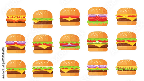 Collection of delicious gourmet hamburgers with various toppings.