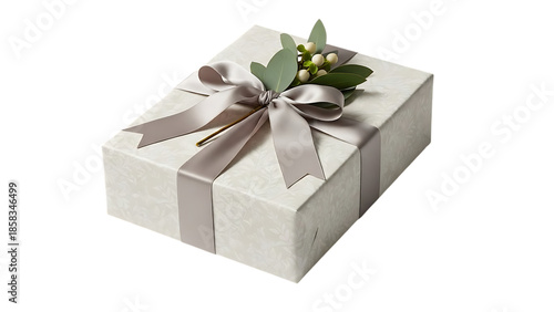 White gift box with grey ribbon and green foliage decoration present