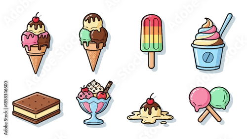 Collection of delicious ice cream desserts and treats.