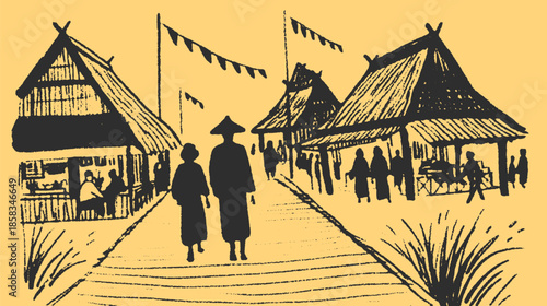 Village landscape featuring silhouetted people walking along a pathway surrounded by traditional huts. This black and white vector illustration captures rural culture.
