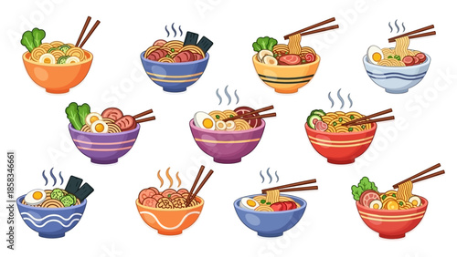 Collection of Delicious Japanese Ramen Noodle Bowls.
