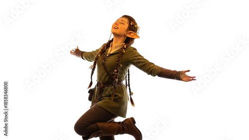 Young woman in elf costume with flower crown and braids fantasy female