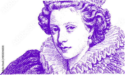 Portrait of a woman in vintage style. Detailed vector illustration features elegant fashion elements in purple tones, showcasing classic artistry.