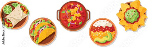 Title Collection of traditional Mexican food icons including beef tacos nachos with guacamole spicy tomato soup and rice bowl with salsa