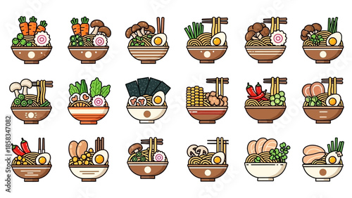 Collection of Delicious Ramen Noodle Soup Bowls.
