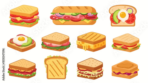 Collection of delicious sandwiches and toasts with various ingredients.