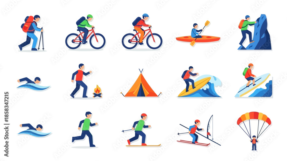 Fototapeta premium Collection of diverse outdoor adventure sports and activities.
