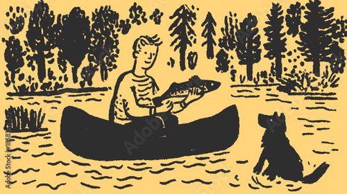 Man in a canoe holding a fish outdoors. Dog is in the water near trees. Vector illustration depicting nature and a fishing set.