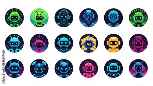 Collection of diverse robot avatars and icons in a circular pattern.