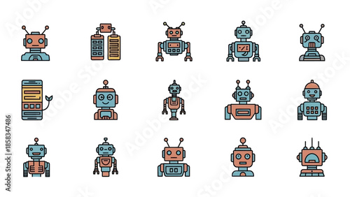 Collection of diverse robot icons in a flat design style.