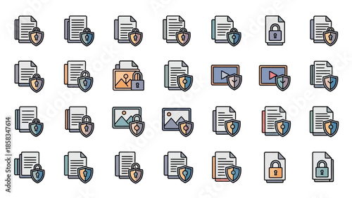 Collection of digital document icons with security and lock symbols.