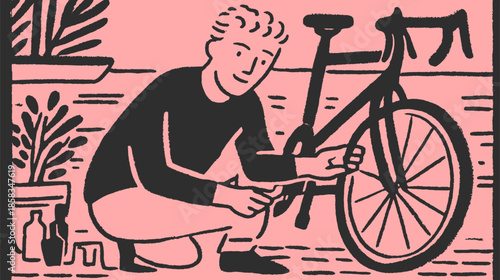Man repairing a bicycle with hands on the wheel. A simple vector illustration with a pink background, depicting a set of tools and plants.