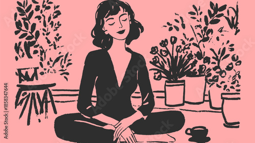Woman sitting among indoor plants in a minimalist style. Simple vector illustration with a pink backdrop.