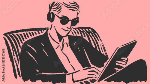 Man sitting with headphones and tablet in a relaxed position. Modern vector illustration featuring a simple and stylish design against a colorful background.