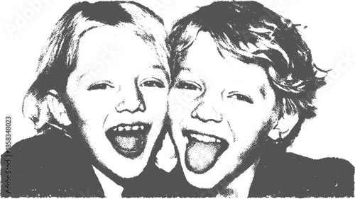 Children smiling with joyful expressions. Playful siblings captured in a black and white vector illustration set.