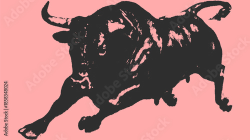 Bull silhouette in graphic style. Dynamic vector illustration featuring vivid colors against a pink background.