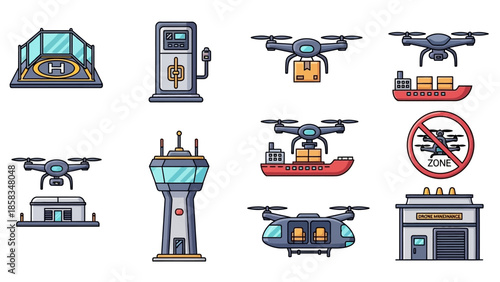 Collection of drone and logistics icons for delivery services.