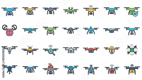 Collection of drone icons in various designs and colors.