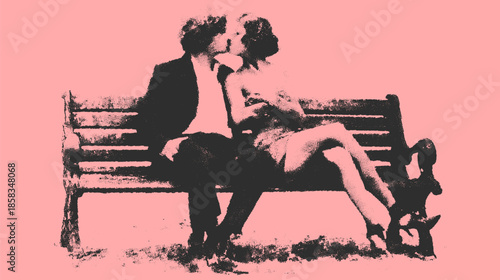 Couple in love sitting on a bench, captured in a silhouette. Pink background enhances the vector illustration style.