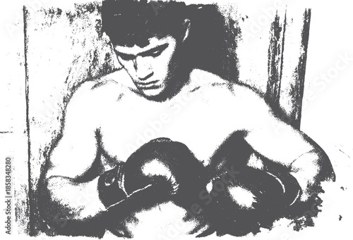 Boxing fighter in black gloves, focused on training. Intense portrait in a bare studio, featuring strength and determination, vector illustration.
