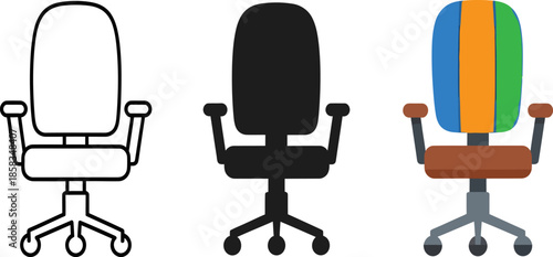 Office chair icons set outline, silhouette, and color