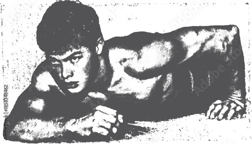 Muscle male in focused pose illustrating strength and fitness. This black and white vector illustration showcases the power and determination of the athlete.