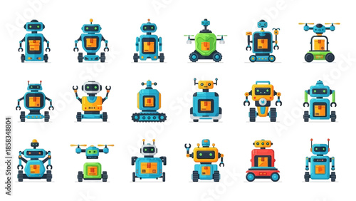 Collection of diverse cartoon robots in various designs and colors.