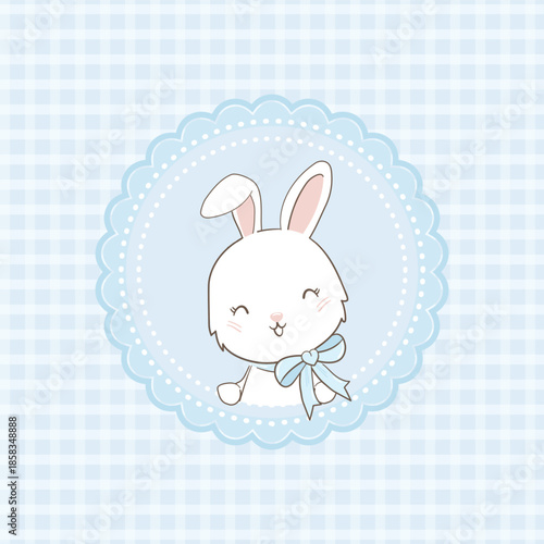 Cute bunny with a blue bow, framed in a lace circle on a soft blue checkered illustration background