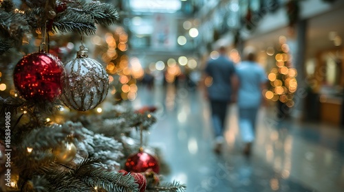 Blurred hospital hallway scene during Christmas with two nurses walking in the background and a decorated Christmas tree in focus.