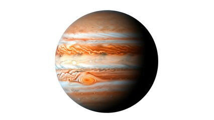 Jupiter planet isolated PNG, gas giant with colorful bands and swirling storms for astronomy and science education on transparent background