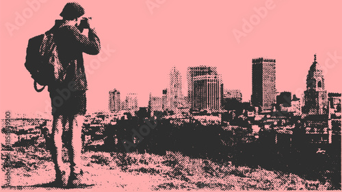 Photographer silhouetted against a city landscape at dusk. Simple vector illustration showcasing a traveler with a backpack capturing the skyline.