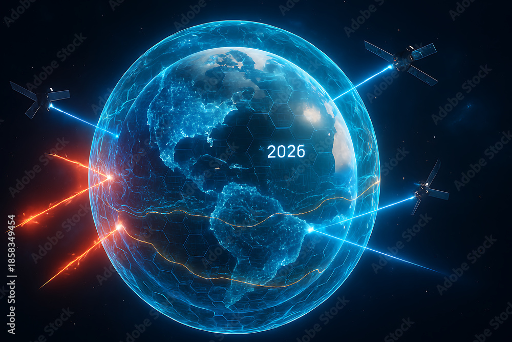 Obraz premium digital global world background with shield and lock for security