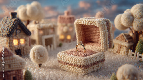 A cozy handcrafted yarn miniature featuring an open knitted jewelry box with an engagement ring, set in a whimsical winter village made of wool and soft textiles