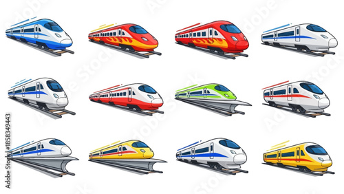 Collection of diverse high speed trains in various colors.