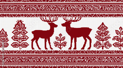 Reindeer folk ornaments, Scandinavian red-white geometric pattern
