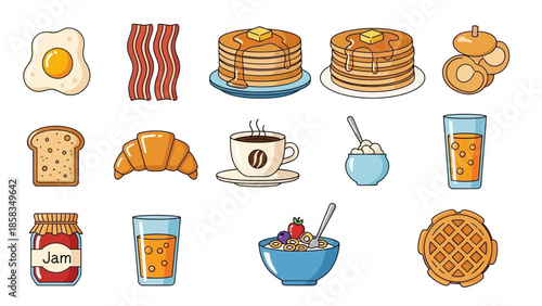 Collection of delicious breakfast food items and drinks illustration.