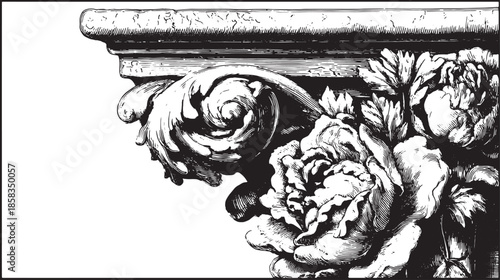 Decorative cornice with floral ornamentation. Detailed black and white vector illustration capturing classical architectural elements in a graceful style.